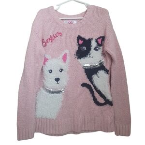 Justice Girl's Besties Dog & Cat Knit Pink Pullover Sweater Sz 6.